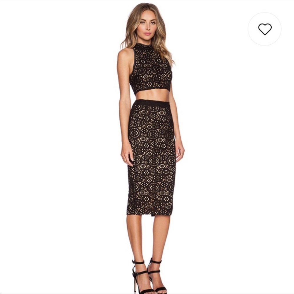 Misha Collection: Gorgeous two piece black/tan lace set. Like new.